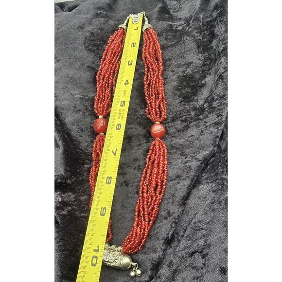VTG  SILVER AMULET Glass Seed Beads / 2 Coral? Larger Beads /10 Strand Necklace - Picture 4 of 13